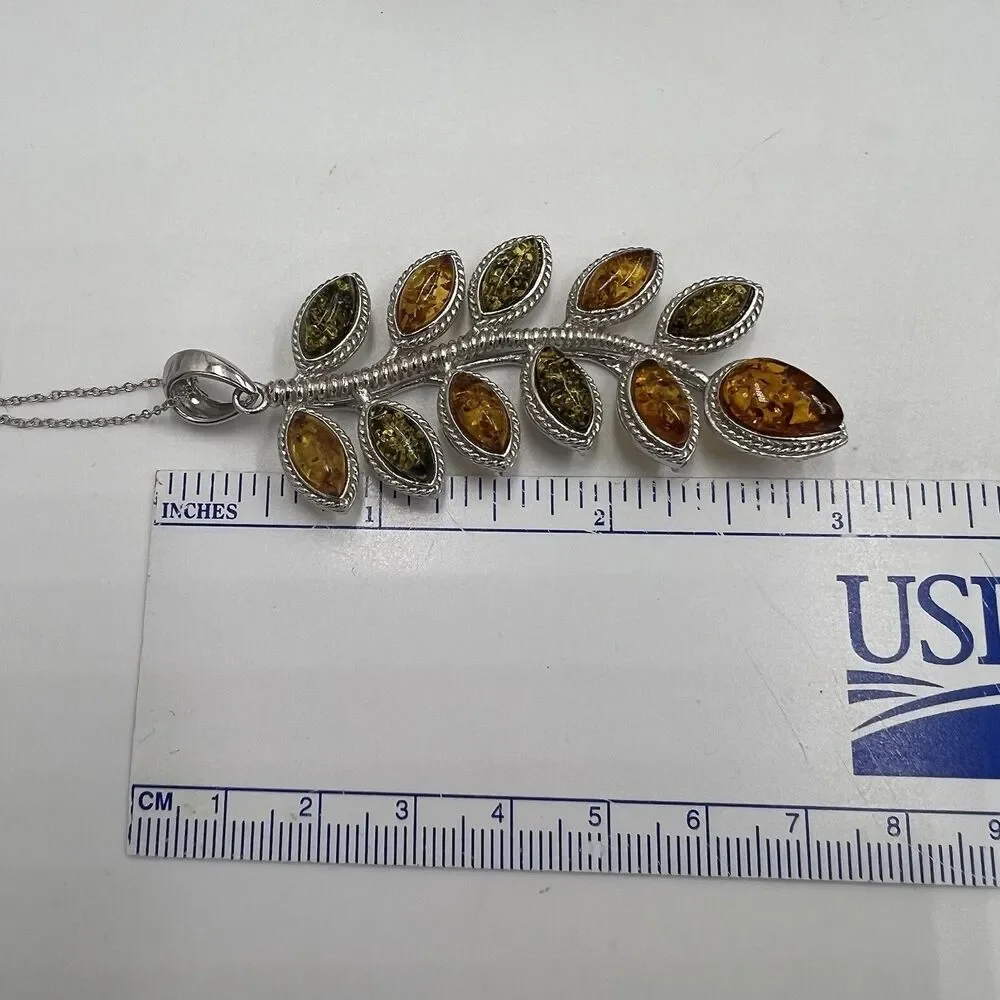 STERLING SILVER Amber Pendant Large Green & Orange Baltic Amber Leaf 18.4 Grams